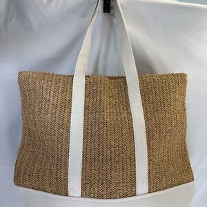 Neutral Straw Tote with White Accents NWT
